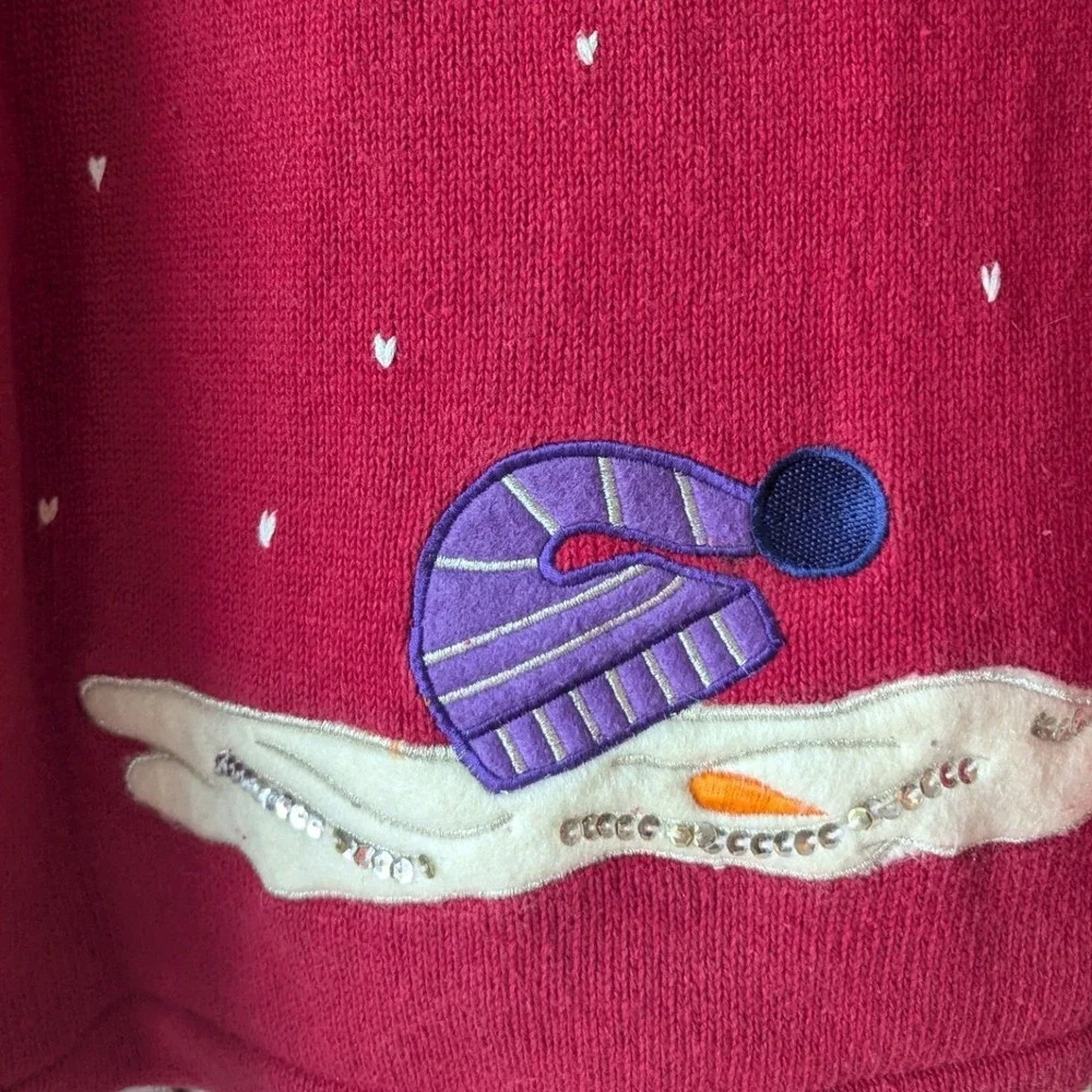 Vtg 90s Christmas Sweater Red Snowman Sequin Knit Pullover Sz L 12/14 Festive